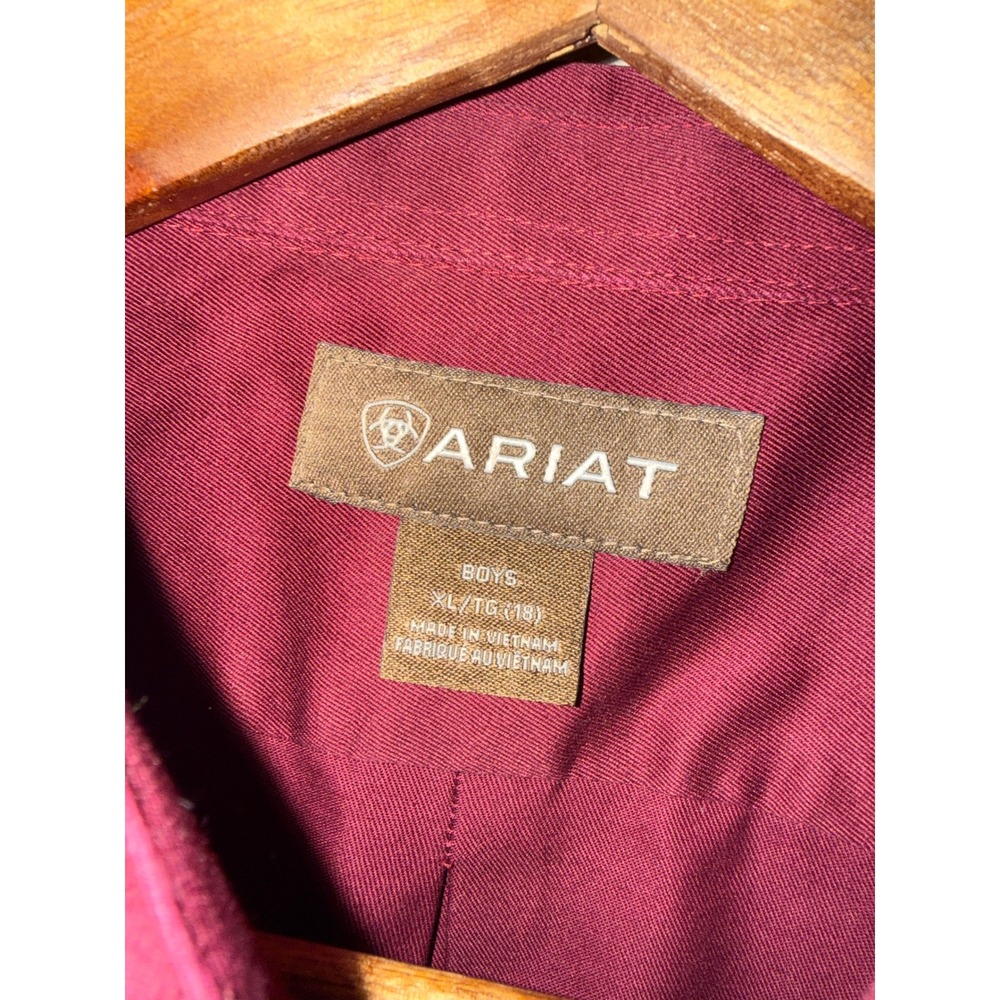 Ariat Boys XL 18 Burgundy Long Sleeve Western Button Shirt Embroidered Logo - Picture 2 of 11
